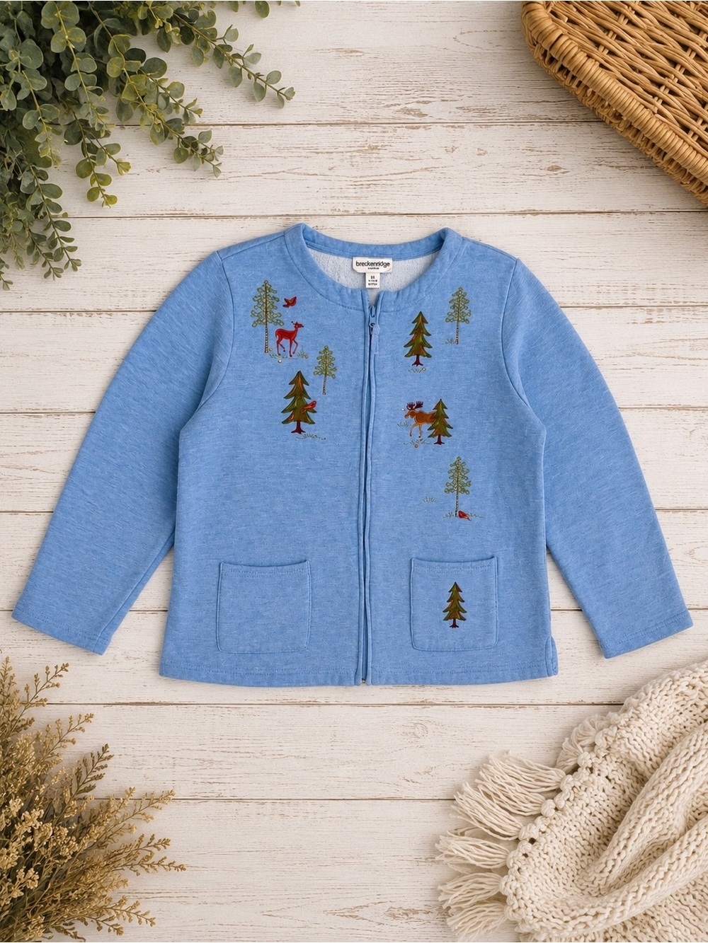 Vintage Breckenridge Petite Women’s Winter Nature Embroidered Zip Sweater Jacket